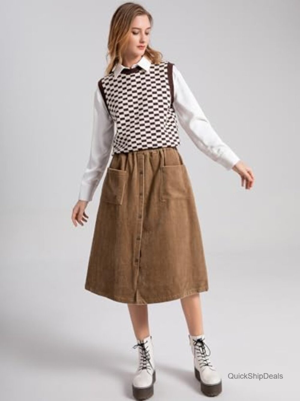 Women's Corduroy A-Line Midi Skirt Front Split Buttons Flared - Picture 2 of 6